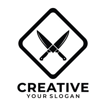 Black kitchen knives crossed in diamond shape logo with creative slogan