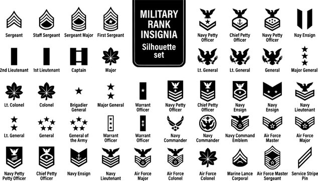 Military Rank Insignia Badge Silhouette Set Black White Bundle Vector Illustration