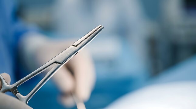 Close up of surgical forceps held by a doctor in an operating room