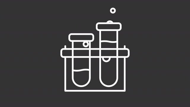 Animated test tubes with samples white line icon. Science animation. Chemical lab flasks for specimens. Scientific research glassware. Isolated element on dark background. Alpha transparent video