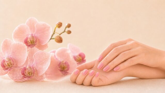 Beautiful female hands with elegant pink manicure polish next to soft orchid flowers in wellness spa salon