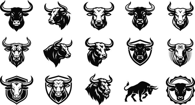 Cattle Ranch Bull Head Silhouette Vector Set Steer Horns Western Logo

