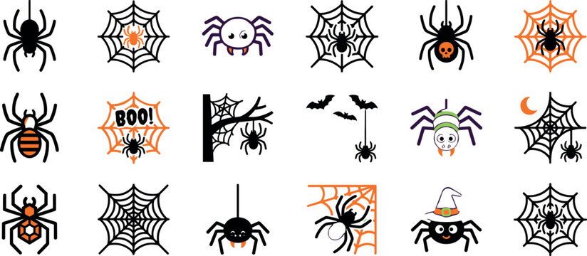 Cute Halloween spider and web vector icon set featuring cartoon spiders with witch hat bats boo text orange and black decorative design elements.