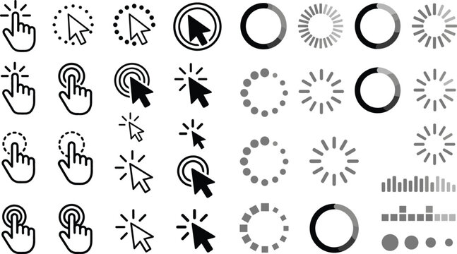 Mouse Cursor Arrow and Hand Click Icon Vector Set with Loading Progress Bar Buffering Ring and Website Interface Pointer Symbols