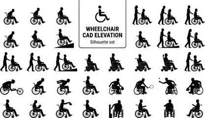 Naklejka premium Wheelchair Disabled Person CAD Elevation Silhouette Set Black White Inclusive Vector Illustration
