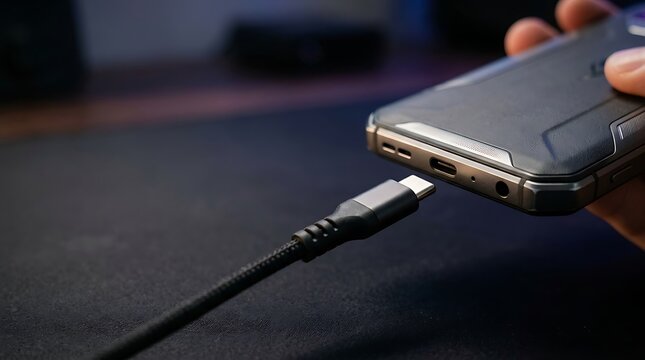 Connecting a usb type c cable to a rugged smartphone for charging