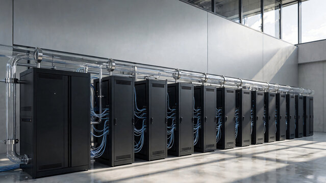Modern data center room with server racks and transparent liquid cooling pipes