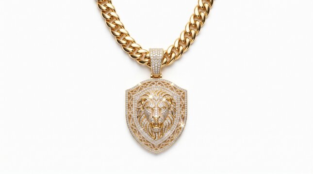 Gold Hip Hop Chain with Diamond Pendant Isolated on White Background