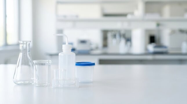 Laboratory Glassware and Disposable Plastic Sample Containers on Clean Workbench
