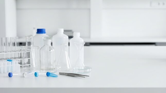 Laboratory glassware and disposable plastic sample tubes on clean white lab bench