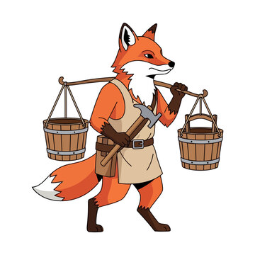 Cartoon Fox Character Wearing an Apron Carrying Wooden Water Buckets on a Yoke for Rural Lifestyle Illustration
