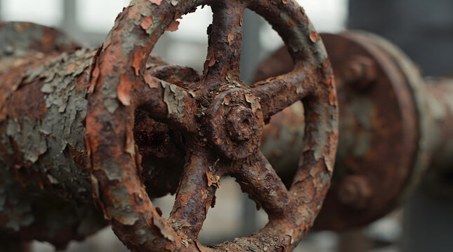 Valve wheel covered in thick layers of rust sits on an industrial pipe in a factory environment.