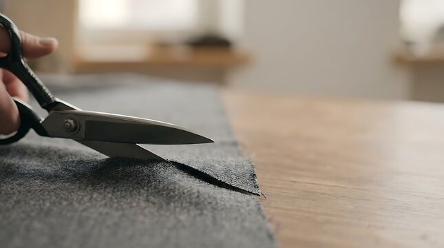 Hand cutting gray textile with professional scissors on wooden table