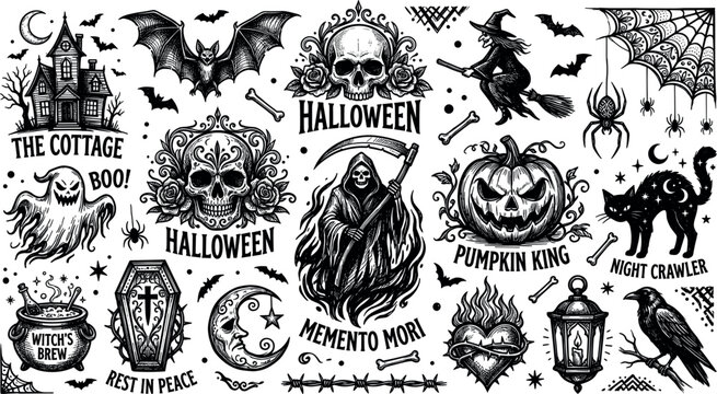 Vintage Halloween vector illustration badge set featuring grim reaper skull memento mori pumpkin king gothic witch and spooky horror design elements isolated on white.