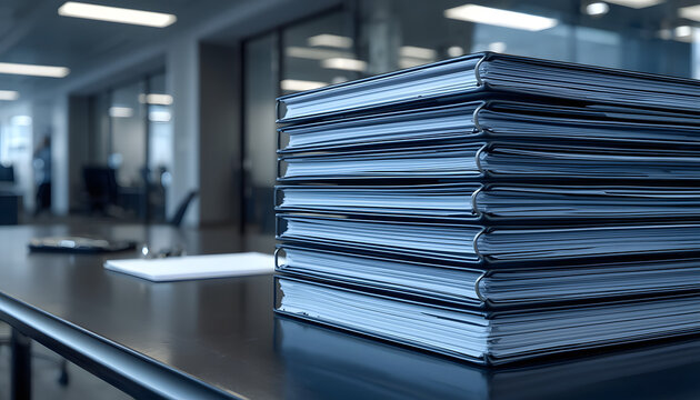 stack of ring binders sits on a sleek desk in a contemporary office setting, created with generative ai
