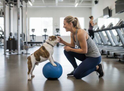 Woman training dog on exercise ball in gym, concept of fitness and companionship