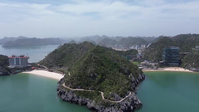 Picturesque aerial view of the stunning cat ba island with its sandy beaches and karsts in vietnam