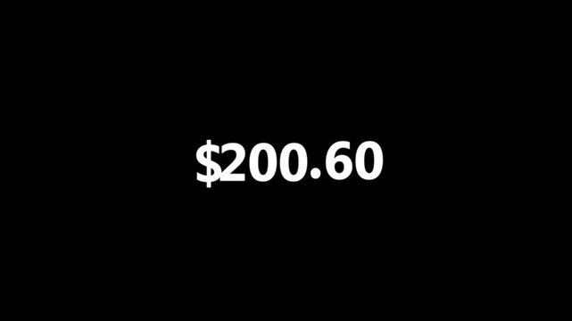 Counting digital numbers increasing from 0 to 200, 60 with a dollar symbol icon on a black background dollar icon animation,