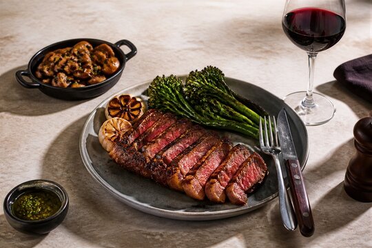 Sliced steak served with broccolini and red wine on dinner table