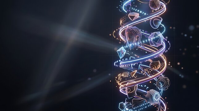 Futuristic digital helix with glowing 3d objects and symbols