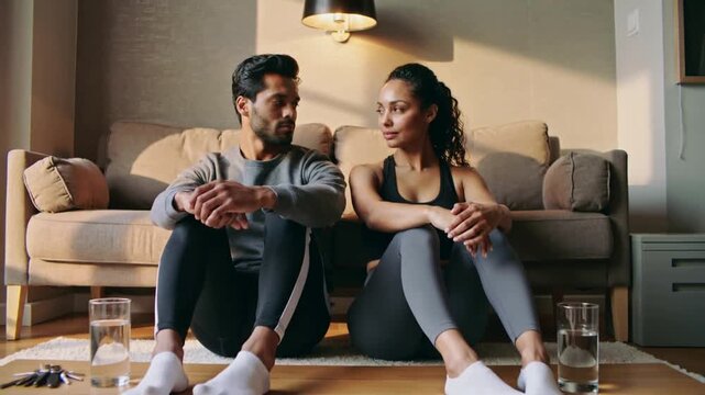 Turning man initiating glance, pair resting on living room floor in sportswear with water glasses
