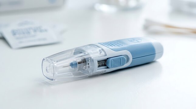 Lancing device for finger prick blood glucose testing on white surface with medical supplies background