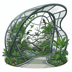 Obraz premium A stunning aviary showcasing a variety of tropical birds amidst lush greenery and a small stream, all enclosed within a modern geodesic dome structure.