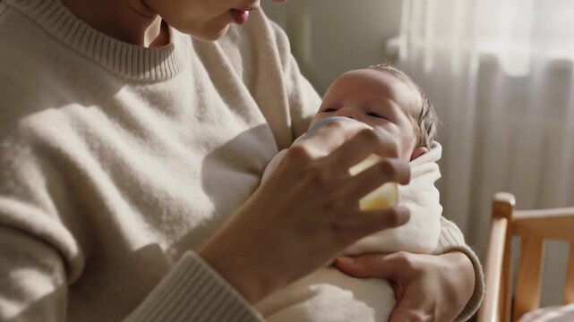 Cradling mom in tan top offering bottle to swaddled baby near crib after pacifier removal, settling