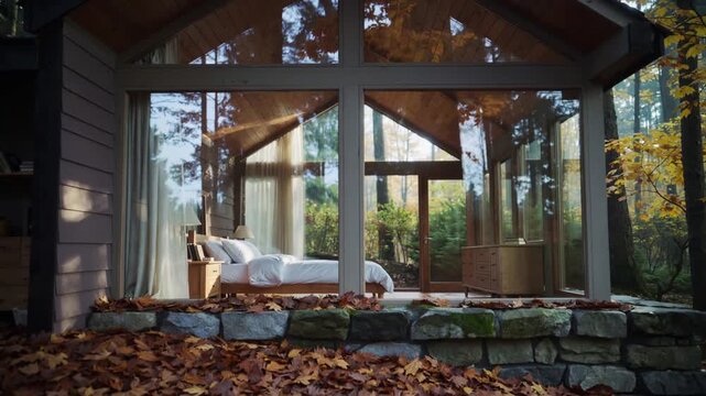 Pulling back camera revealing glass cabin, white bed in forest, sunlight shifting curtains moving