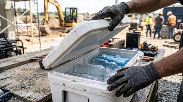 Worker opening cooler with ice and water bottles at construction site
