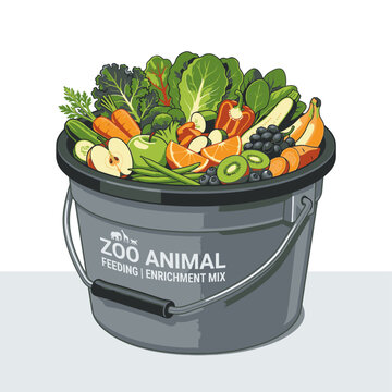A bucket overflowing with a variety of fresh fruits and vegetables, ready for animal feeding and enrichment. The bucket has the text ZOO ANIMAL FEEDING | ENRICHMENT MIX printed on it