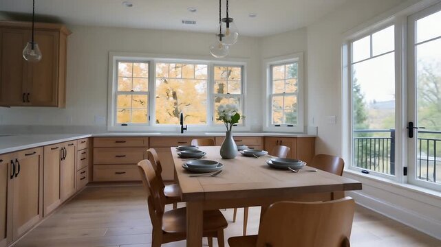 Moving camera bringing wooden dining table, six chairs, vase at home showcasing tabletop