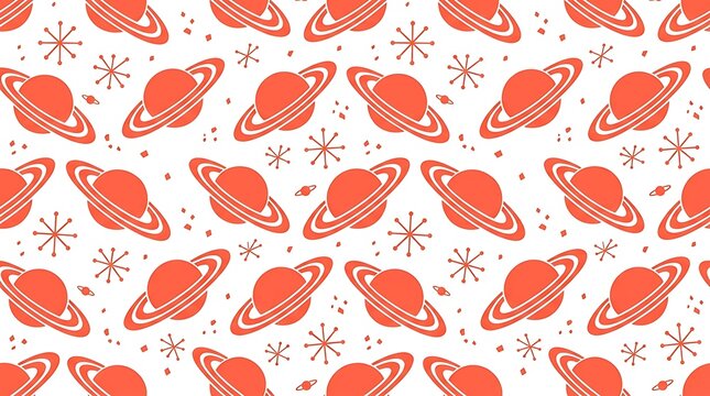 Retro orange planet and starburst seamless space pattern