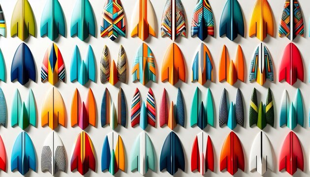 Vibrant collection of miniature surfboard fin designs arranged in a grid pattern