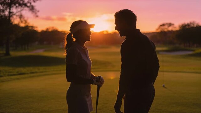 Talking two golfers conversing on putting green as sun lowering, woman wearing visor holding putter
