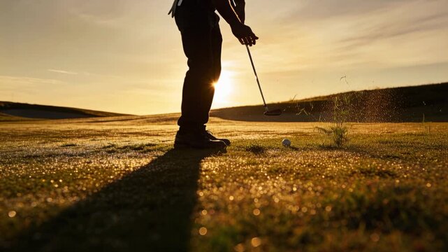 Swinging golfer in polo shirt addressing ball with club on fairway, lifting divot and sending ball