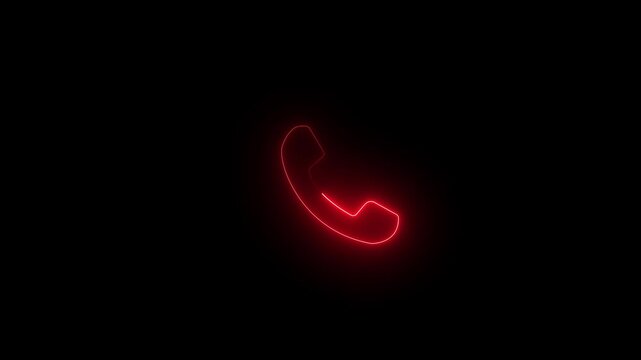 Glowing red neon telephone handset icon on black background for communication technology, customer service hotline, and technical support assistance concepts.