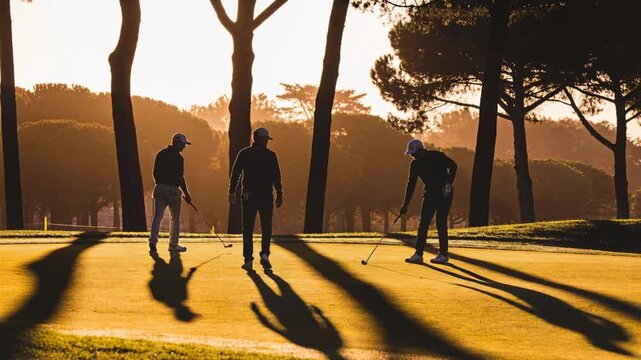 Walking center golfer with cap following right player's putt across green with putter, long shadows