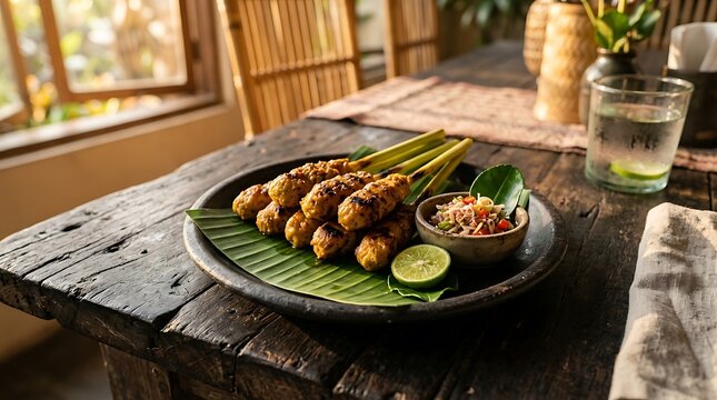 Traditional balinese sate lilit display on a rustic wooden table with sambal matah and fresh lime in a tropical setting.
