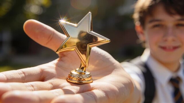 Holding boy leaning offering gold star trophy in open palm at school, wearing striped tie, backpack