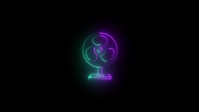 cyan neon glowing electric table fan icon on black background, futuristic minimalist line art vector illustration for cooling ventilation 