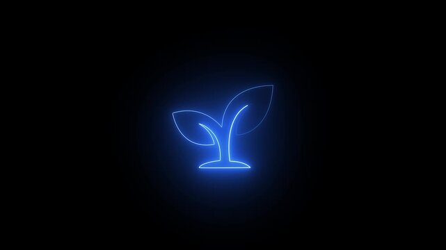 Glowing blue neon icon of a small plant sprout growing, symbolizing environmental sustainability, ecological growth, and futuristic green technology concepts.