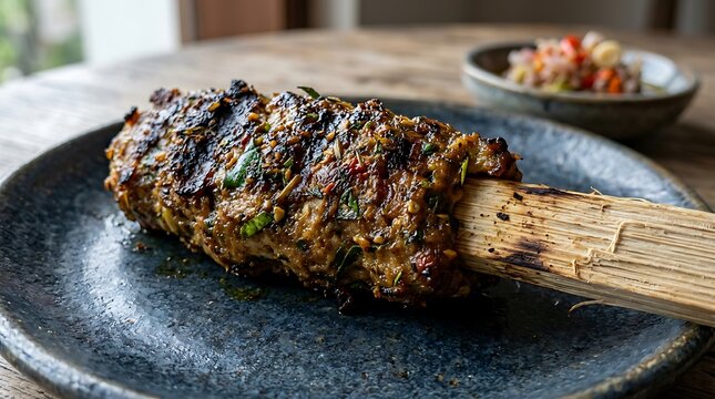 Close up of a traditional sate lilit display with grilled Balinese minced meat skewers and spicy sambal on a dark plate.