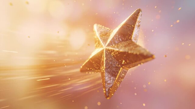 Drifting faceted gold star turning right across pastel scene after flare, casting glitter trails