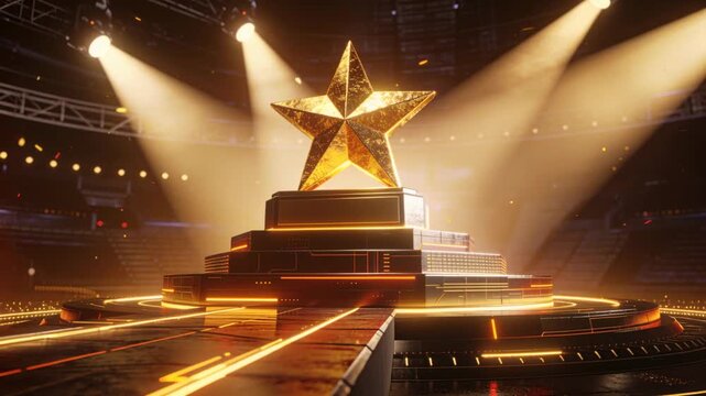 Lights cueing camera moving to gold star trophy on stage base, embers drifting to reveal award