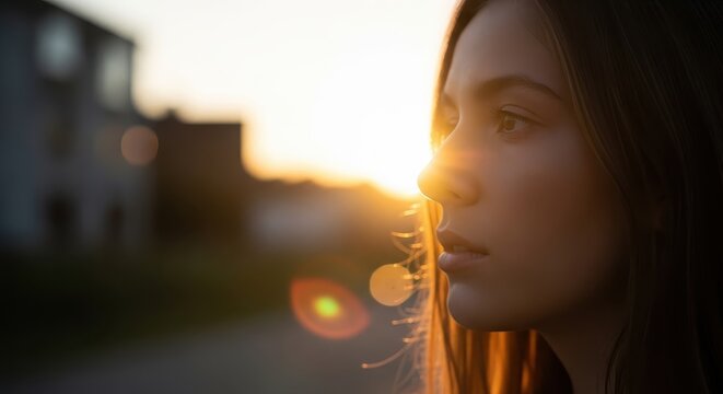 Young woman enjoying sunset drive in convertible car. Female motorist smiling during golden hour road trip with warm backlight.