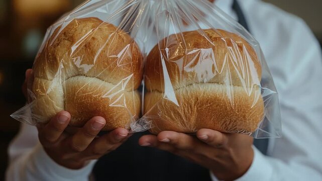 Twisting tie baker wearing apron face mask cradling bag of four bread rolls offering at bakery