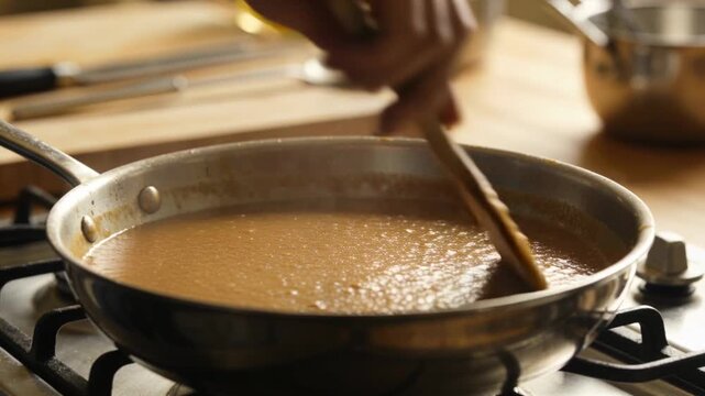 Stirring bubbling sauce in pan on gas stove hand upping pace switching spatula avoiding sticking