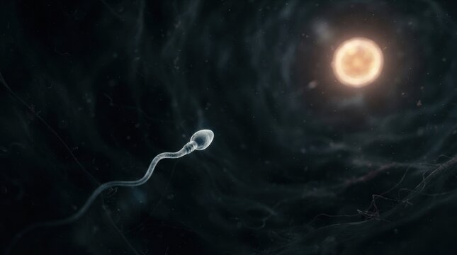 A sperm cell is traveling through a dark environment toward an ovum, illustrating the process of fertilization and reproductive health.
