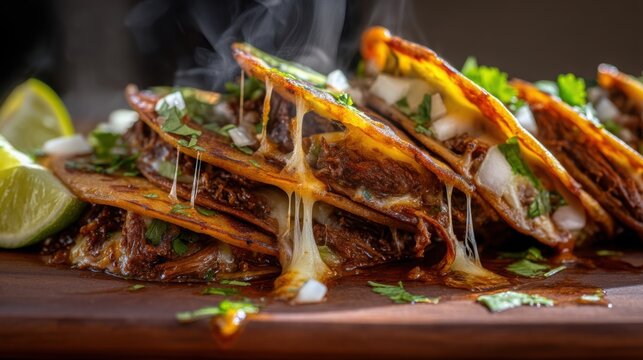 authentic Mexican birria tacos overflowing with slow braised , melted Oaxaca cheese stretching dramatically, crispy grilled tortillas, fresh